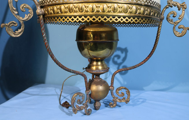 324b - Hanging brass light fixture with hand painted shade