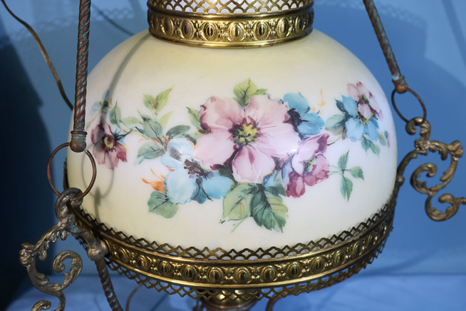 324c - Hanging brass light fixture with hand painted shade