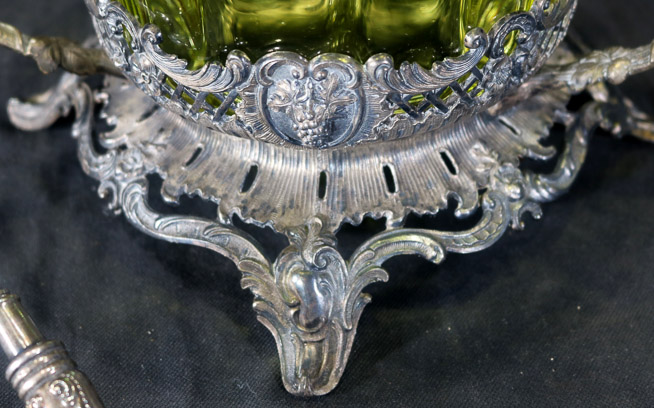 003c - Green Victorian glass syllabub bowl with ladle, 15 in. T, 9 in. Dia.-28