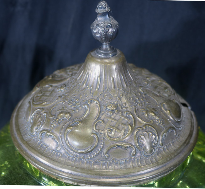 003e - Green Victorian glass syllabub bowl with ladle, 15 in. T, 9 in. Dia.-28