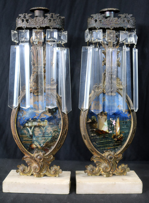 006a - Pair of 19th Century girandoles with reverse painting on marble base, 16.5 in. T.-28