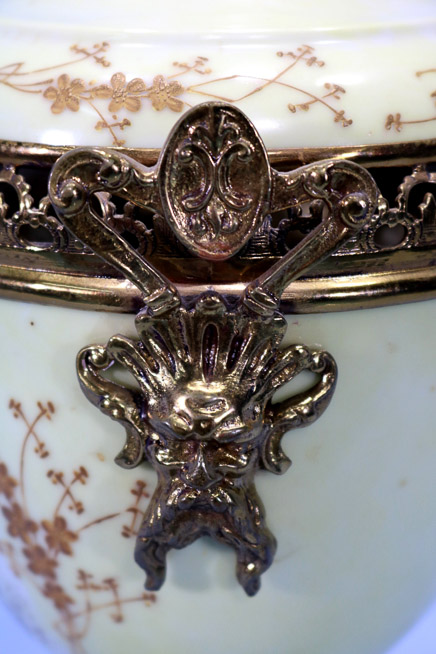 007e - Meissen porcelain figural urn with cross swords mark, dore bronze with west wind head handles, 12.5 in. T.-28