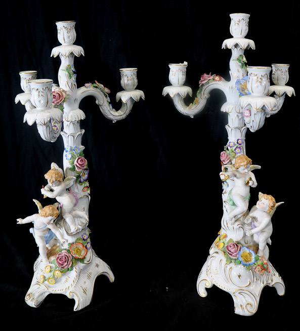 010a - Pr. Dresden porcelain 4 candle candelabras with figurals, 20.5 in. T.-28
