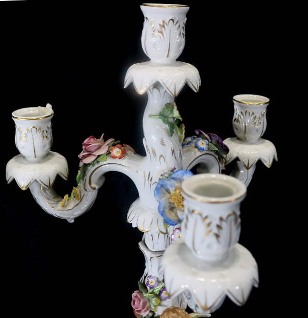 010c - Pr. Dresden porcelain 4 candle candelabras with figurals, 20.5 in. T.-28