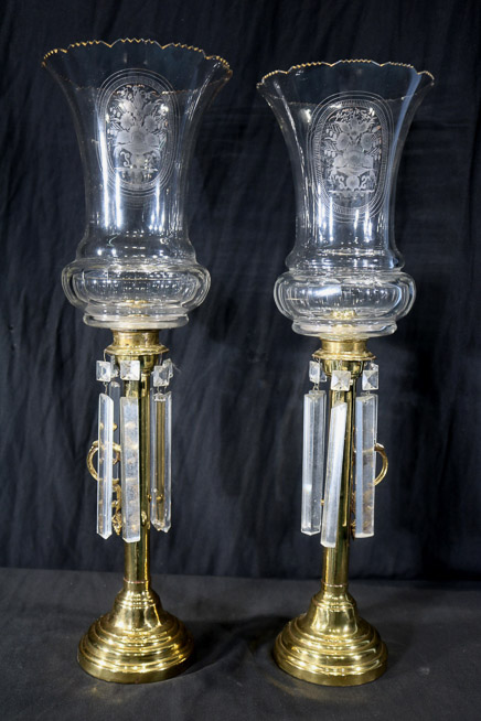 013a - Pair of brass oil hurricane lamps with etched shade, turn upside down to fill oil, 25 in. T, 7.5 in. Dia.-28