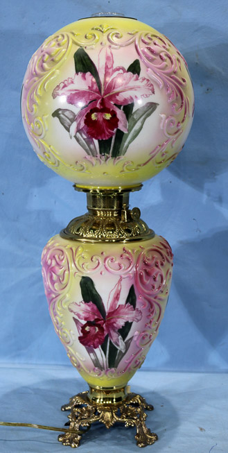 014a - Gone with the wind yellow and pink banquet lamp with painted orchids, 25.5 in. T.-28