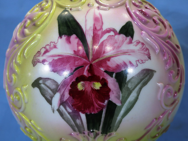 014c - Gone with the wind yellow and pink banquet lamp with painted orchids, 25.5 in. T.-28