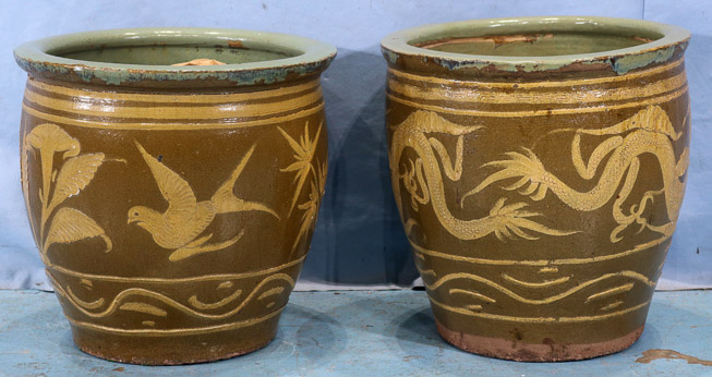 019a - Pair of antique Oriental concrete dragon pots, 19 in. T, 19 in. Dia.-28