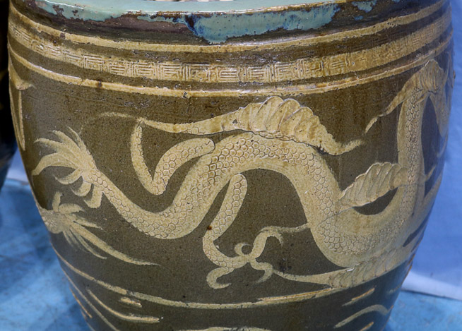 019b - Pair of antique Oriental concrete dragon pots, 19 in. T, 19 in. Dia.-28