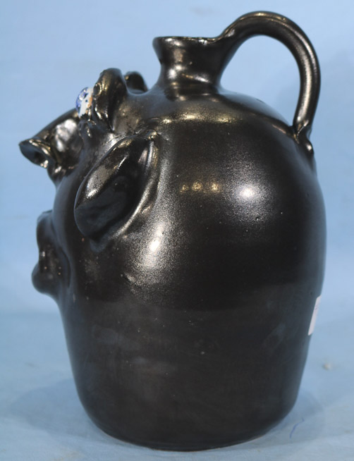 023Ac - Brown face jug with frog on top, signed Jerry Brown Pottery, Hamilton Ala. 10.5 in. T, 9.5 in. W, made 01-2001-16