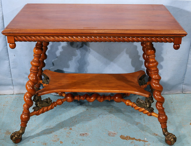 025a - Mahogany center table with bronze claw feet and bronze lions attrib. to Merklen Bros 28.5 in. T, 38 in. W, 24 in. D.-24