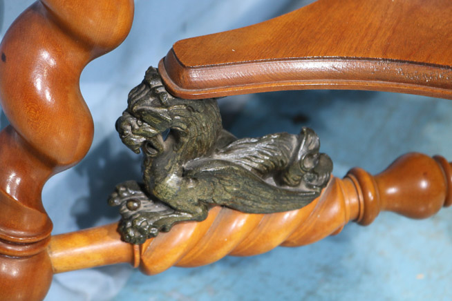025d - Mahogany center table with bronze claw feet and bronze lions attrib. to Merklen Bros 28.5 in. T, 38 in. W, 24 in. D.-24