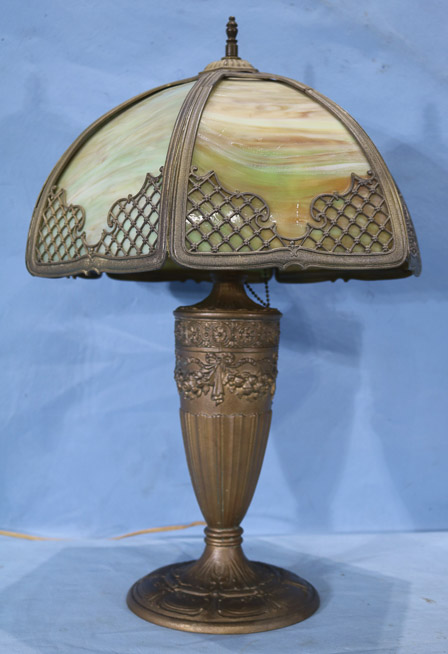 026a - Early slag glass panel lamp with gold accent glass shade, unsigned, 22 in. T, 14 in. Dia.-28