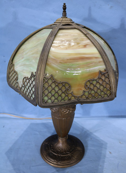 026d - Early slag glass panel lamp with gold accent glass shade, unsigned, 22 in. T, 14 in. Dia.-28
