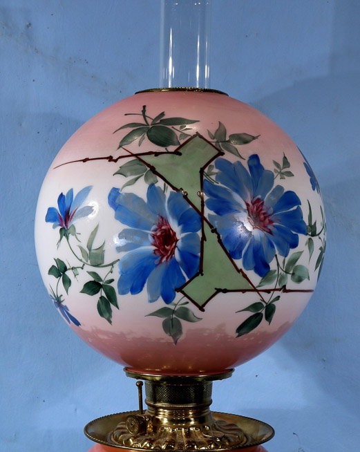 027b - Large gone with the wind lamp, pink with flowers, 30.5 in. T.-28