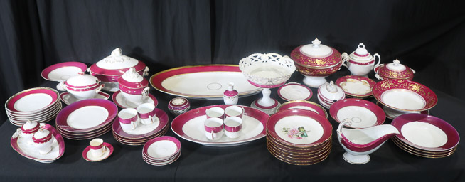 031a - Large 64 piece Old Paris dinner set, burgundy and gold, every piece does not match-28