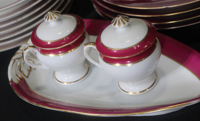 031d - Large 64 piece Old Paris dinner set, burgundy and gold, every piece does not match-28