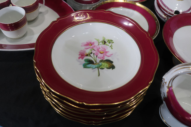 031e - Large 64 piece Old Paris dinner set, burgundy and gold, every piece does not match-28