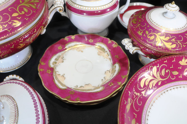 031f - Large 64 piece Old Paris dinner set, burgundy and gold, every piece does not match-28