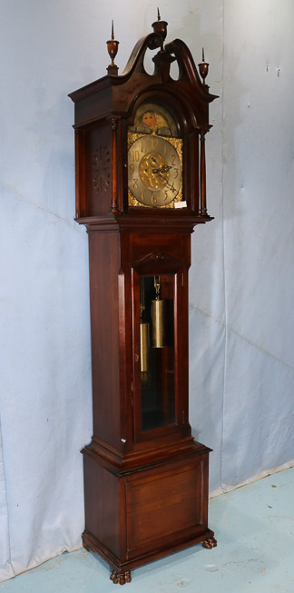 032a - R.J. Horner mahogany grandfather clock with Elliot works, 8 ft. 3 in. T, 15 in. D, 24 in. W.-28