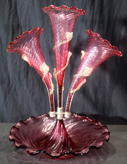 033a - Victorian art glass cranberry epergne, 16.5 in. T, 12.5 in. Dia.-28