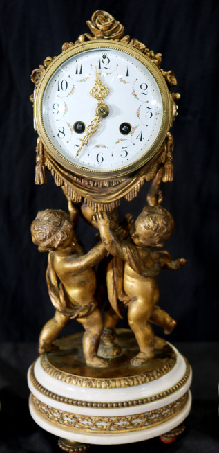 036b - Bronze figural 3 pc. Clock set with cupids and marble base, 16 in. T.-28