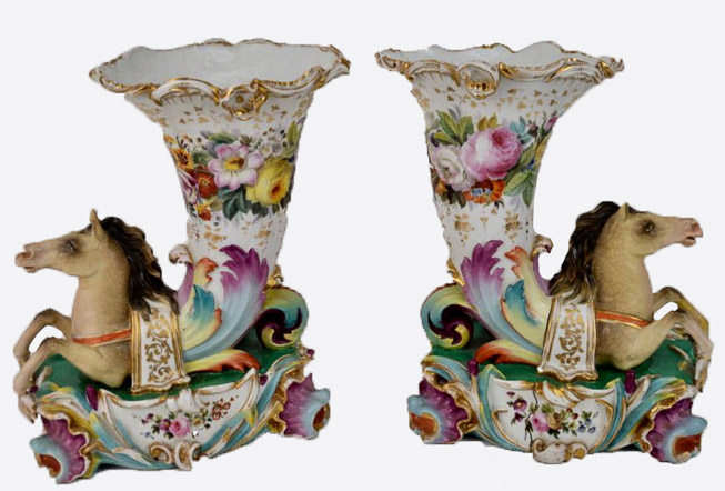 037a - Large and Impressive Pair of Early 19th Century Old Paris Very Ornate Horn of Plenty Vases with Horses-28