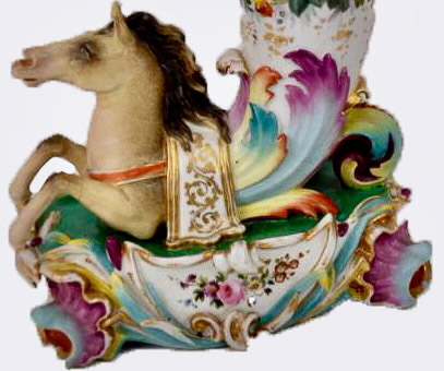 037c - Large and Impressive Pair of Early 19th Century Old Paris Very Ornate Horn of Plenty Vases with Horses-28