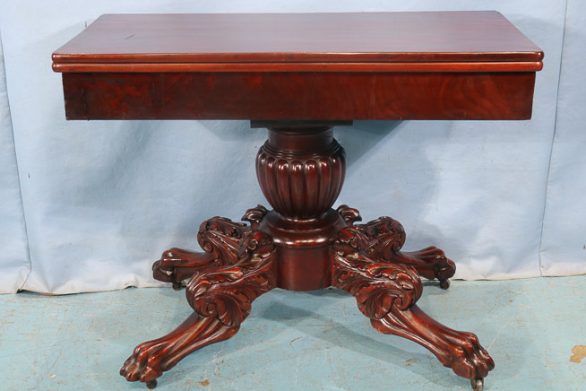 038a - Federal mahogany game table with acanthus carved base and large claw feet, 28 in. T, 36 in. W, 18 in. D.-28