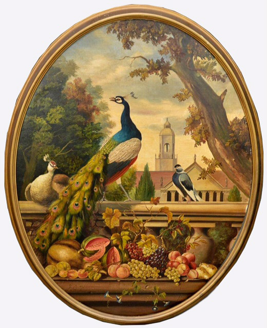 039a - Extraordinary Monumental 19th Century Scenic Oil on Canvas with Peacock, Birds, Various Fruits and Architecture , Artist Signed App. 5 Feet Height , 4 Feet Width-28