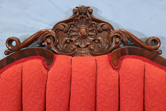 043c - Walnut Victorian grand parlor triple back sofa with carved crown and red upholstery, 72.5 in. W, 43.5 in. T, 24 in. D, attrib. to Elijah Galusha-28