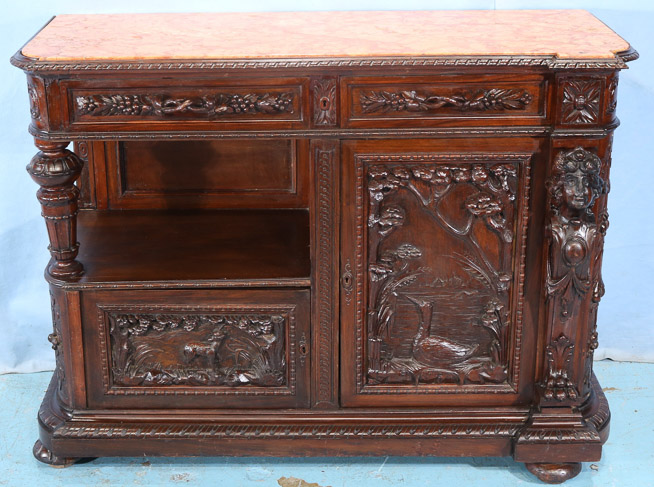 044a - Mahogany heavily carved parlor cabinet with figural ladies heads, inserted coral marble top, 39.5 in. T, 53.5 in. W, 22 in. D.-28