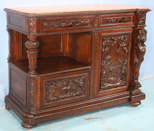 044c - Mahogany heavily carved parlor cabinet with figural ladies heads, inserted coral marble top, 39.5 in. T, 53.5 in. W, 22 in. D.-28