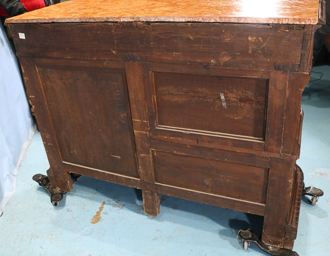 044j - Mahogany heavily carved parlor cabinet with figural ladies heads, inserted coral marble top, 39.5 in. T, 53.5 in. W, 22 in. D.-28