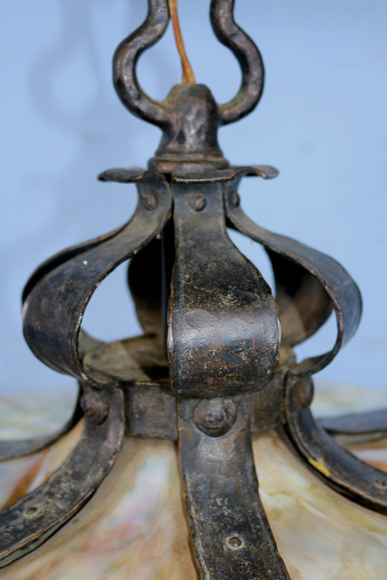 047d - Large early hand hammered brass, slag glass paneled light fixture, 24.5 Dia.-28