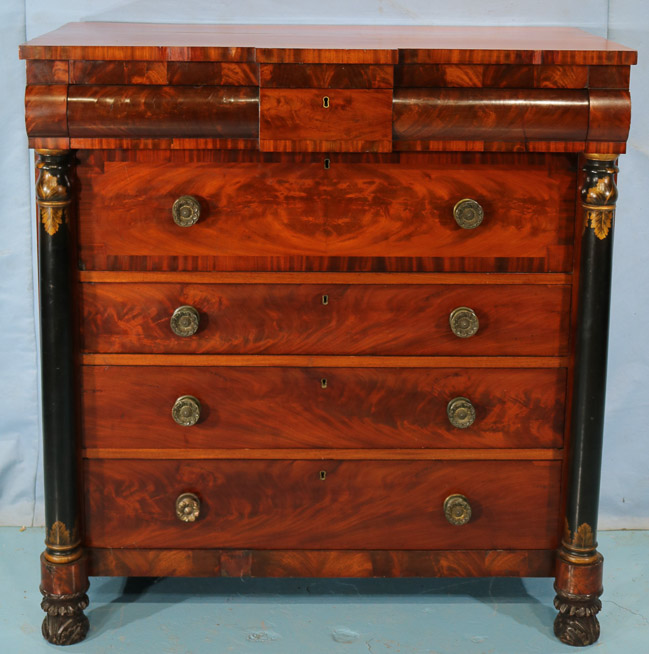 048a - Federal Mahogany stenciled chest with columns and original pulls, M. Allison cabinet makers, no. 46 and 48 Vesey St., 49 in. T, 46 in. W, 23.5 in. D.-28