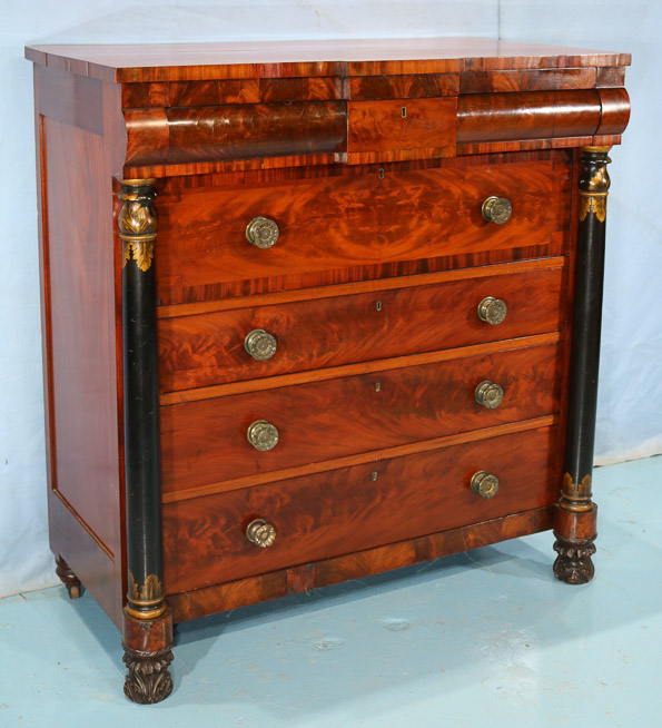 048d - Federal Mahogany stenciled chest with columns and original pulls, M. Allison cabinet makers, no. 46 and 48 Vesey St., 49 in. T, 46 in. W, 23.5 in. D.-28