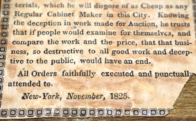 048g - Federal Mahogany stenciled chest with columns and original pulls, M. Allison cabinet makers, no. 46 and 48 Vesey St., 49 in. T, 46 in. W, 23.5 in. D.-28