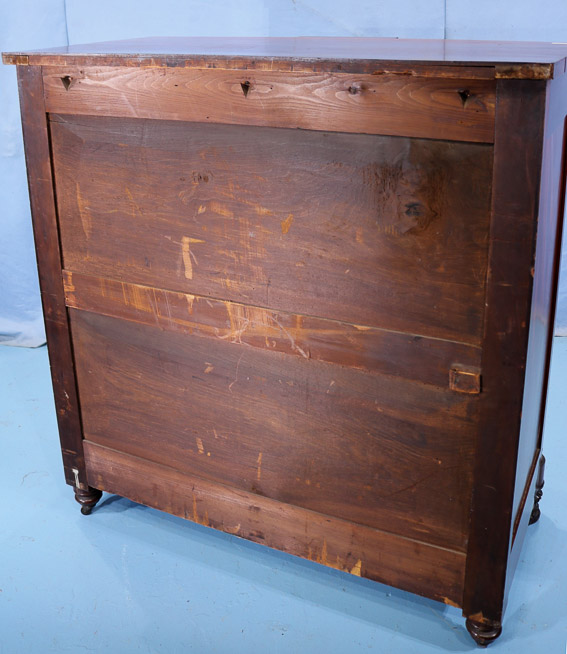 048i - Federal Mahogany stenciled chest with columns and original pulls, M. Allison cabinet makers, no. 46 and 48 Vesey St., 49 in. T, 46 in. W, 23.5 in. D.-28