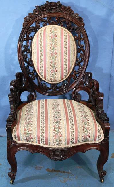 050a - Rosewood rococo heavily carved parlor chair by Henkel, 43 in. T, 24.5 in. W, 23 in. D.-28