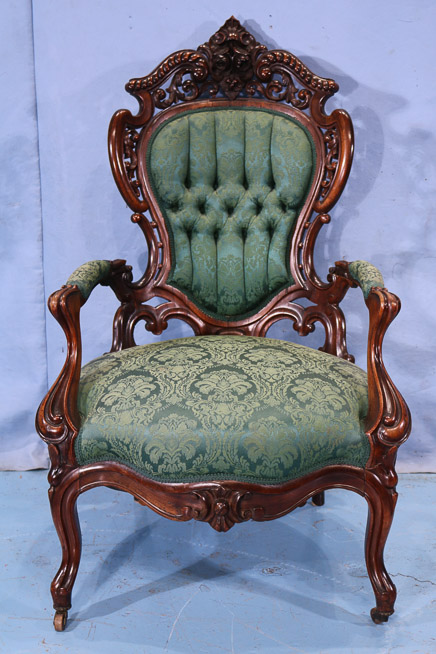 054a - Rosewood rococo Meeks arm parlor chair, Stanton Hall pattern in great condition, 44.5 in. T, 27 in. W, 24 in. D.-28