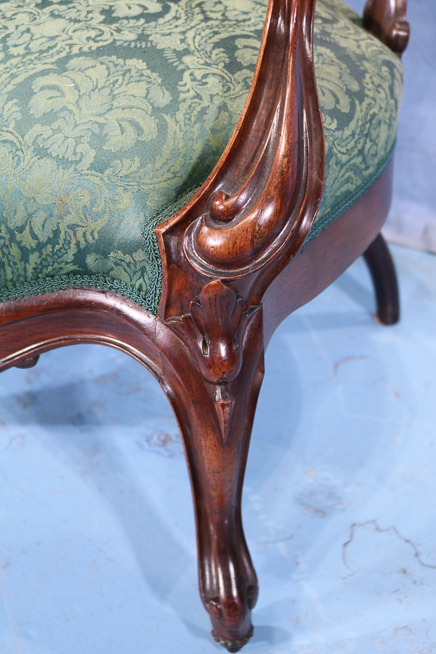 054b - Rosewood rococo Meeks arm parlor chair, Stanton Hall pattern in great condition, 44.5 in. T, 27 in. W, 24 in. D.-28