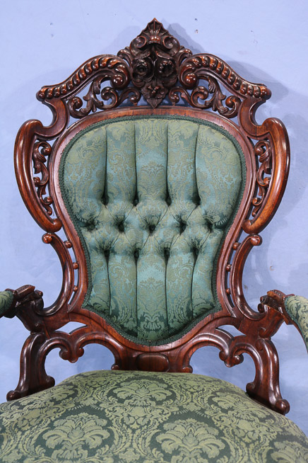 054c - Rosewood rococo Meeks arm parlor chair, Stanton Hall pattern in great condition, 44.5 in. T, 27 in. W, 24 in. D.-28