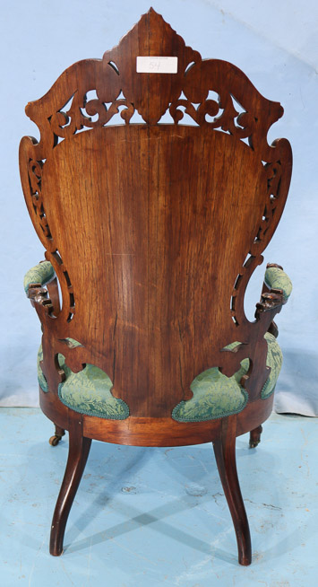 054e - Rosewood rococo Meeks arm parlor chair, Stanton Hall pattern in great condition, 44.5 in. T, 27 in. W, 24 in. D.-28