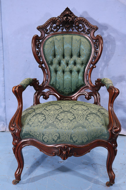 055a - Rosewood rococo Meeks arm parlor chair, Stanton Hall pattern in great condition, 44.5 in. T, 27 in. W, 24 in. D.-28