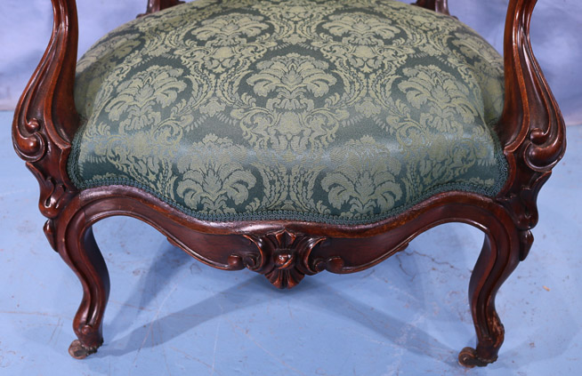 055b - Rosewood rococo Meeks arm parlor chair, Stanton Hall pattern in great condition, 44.5 in. T, 27 in. W, 24 in. D.-28