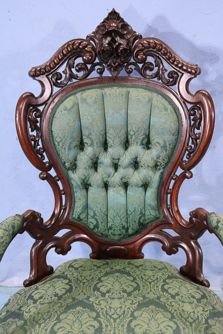 055c - Rosewood rococo Meeks arm parlor chair, Stanton Hall pattern in great condition, 44.5 in. T, 27 in. W, 24 in. D.-28