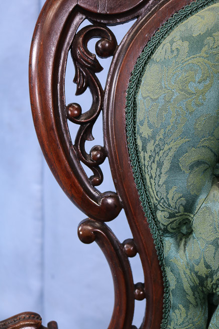 055e - Rosewood rococo Meeks arm parlor chair, Stanton Hall pattern in great condition, 44.5 in. T, 27 in. W, 24 in. D.-28