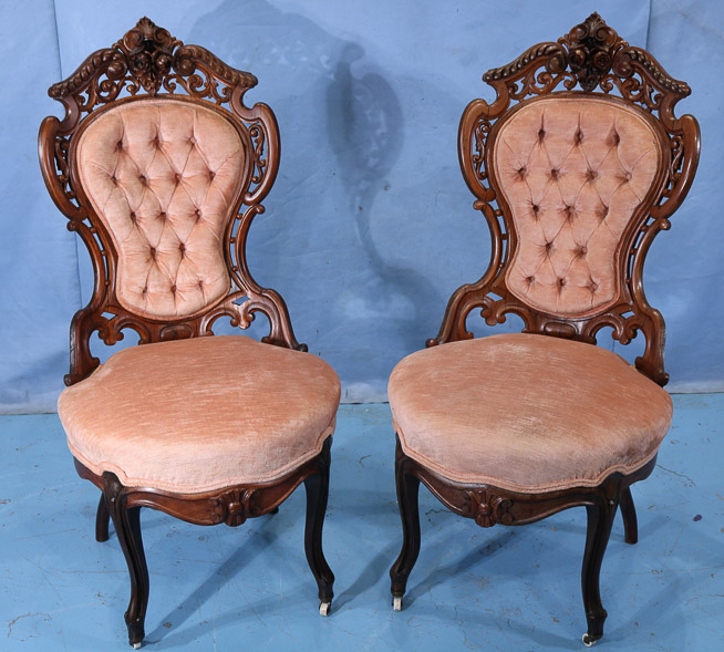 056a - Pair of laminated Rosewood rococo parlor side chairs by Meeks, Stanton Hall pattern with pink upholstery, 40 in. T, 19 in. D, 19 in. W.-28