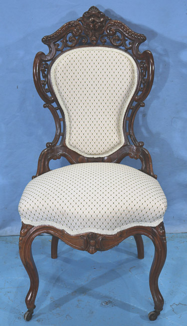 057a - Rosewood rococo parlor side chair by Meeks, Stanton Hall pattern with white upholstery, 40 in. T, 19 in. D, 19 in. W.-28